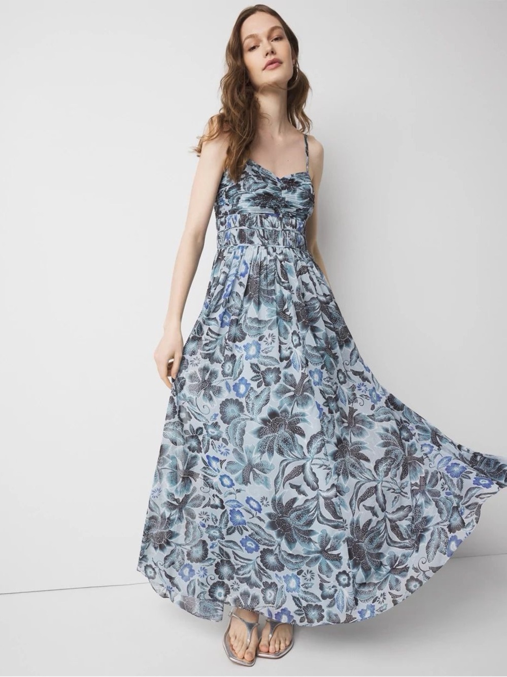 White House Black Market Blue Floral Maxi Dress with Spaghetti Straps